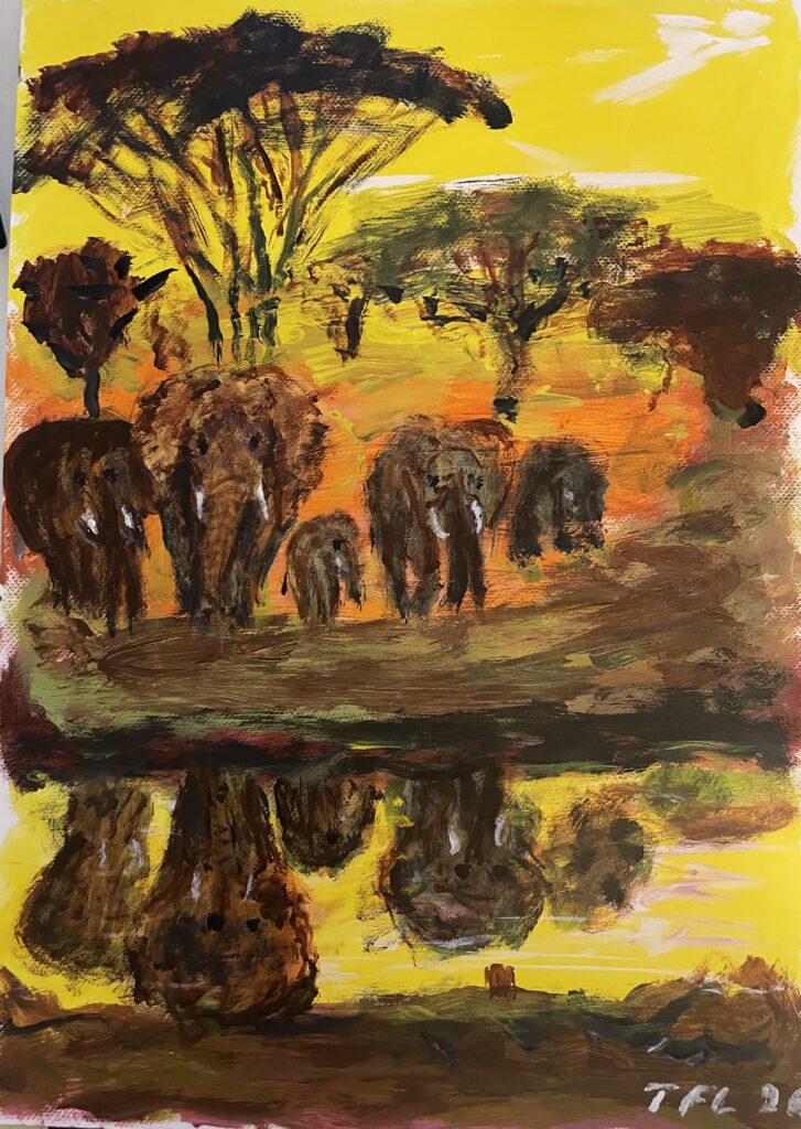 30x40 - Akryl på papir - Elefantflok - 1.500